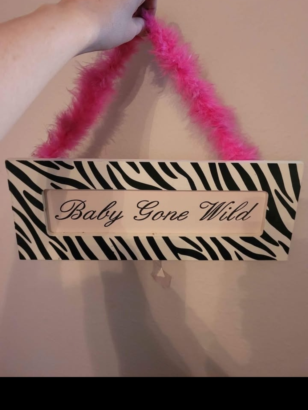 Baby Gone Wild Zebra Wall Sign with Pink Feather Hanger